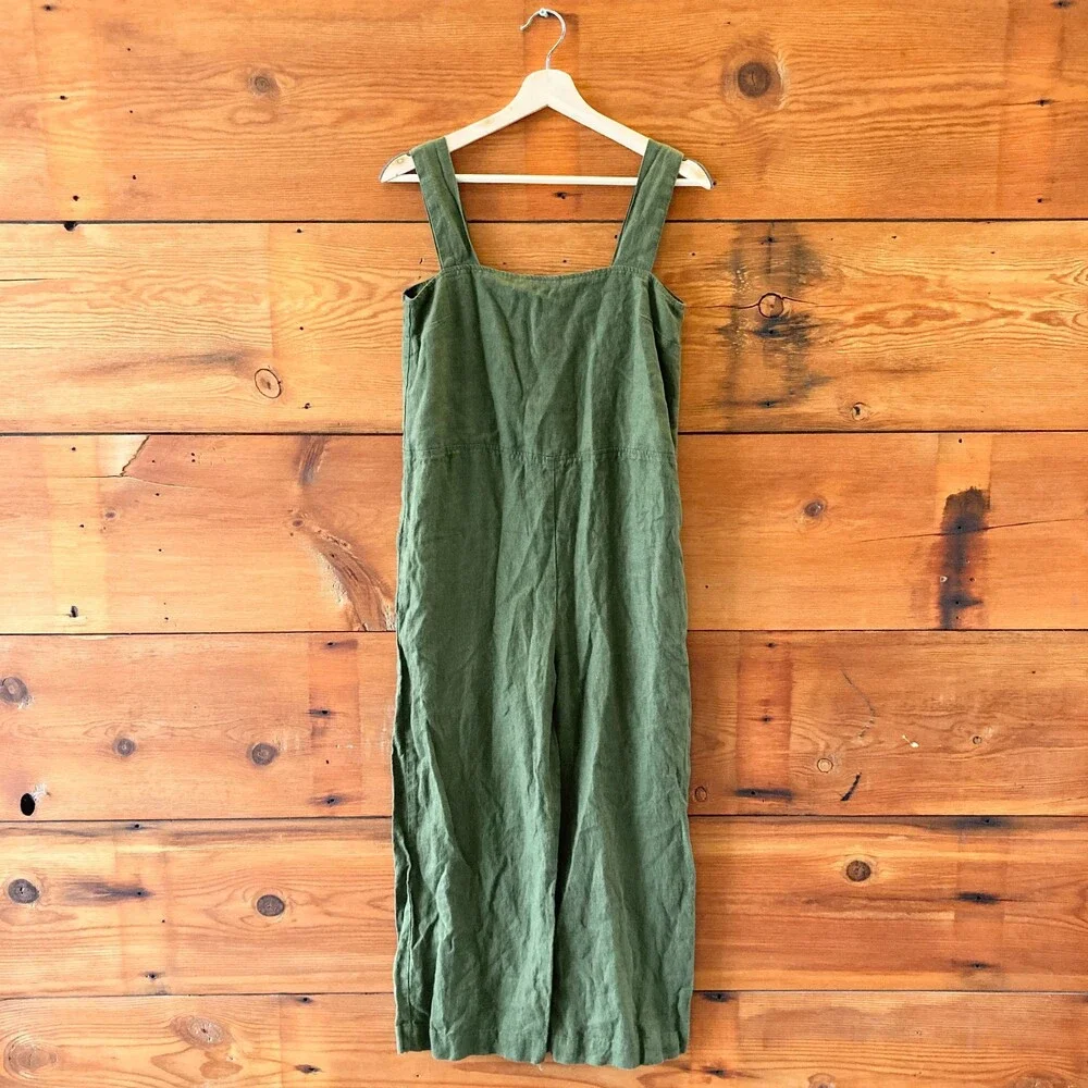 XS - LinenFox Dark Green Sleeveless Button Back Linen Jumpsuit 0312IG - Picture 1 of 4